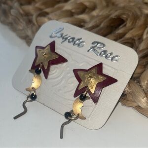 Vintage 90’s Star and Moon Coyote Rose brand dangle Earrings, Red and Gold